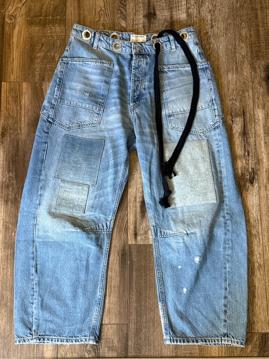 We The Free Denim - We The Free Low-Slung Moxie Barrel Jeans - Blue Patchwork
